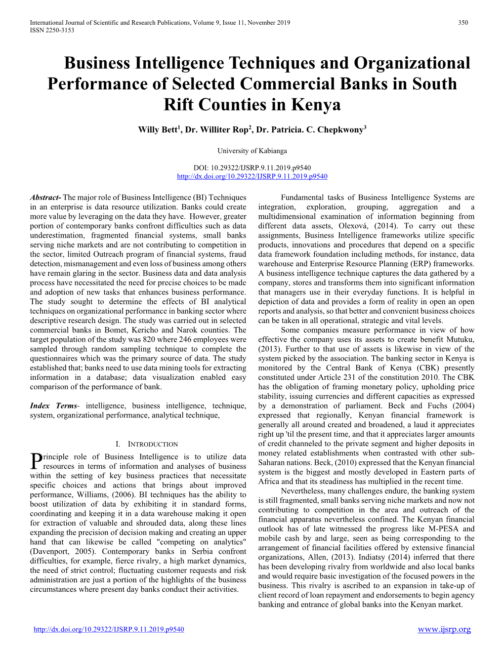 Business Intelligence Techniques and Organizational Performance of Selected Commercial Banks in South Rift Counties in Kenya