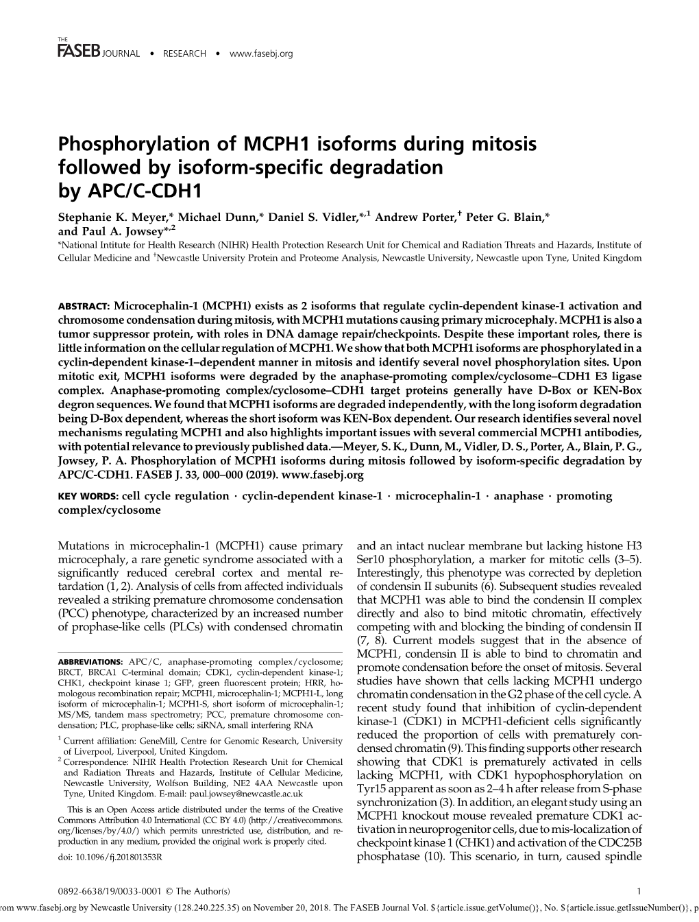 Phosphorylation of MCPH1 Isoforms During Mitosis Followed by Isoform-Specific Degradation by APC/C-CDH1 † Stephanie K