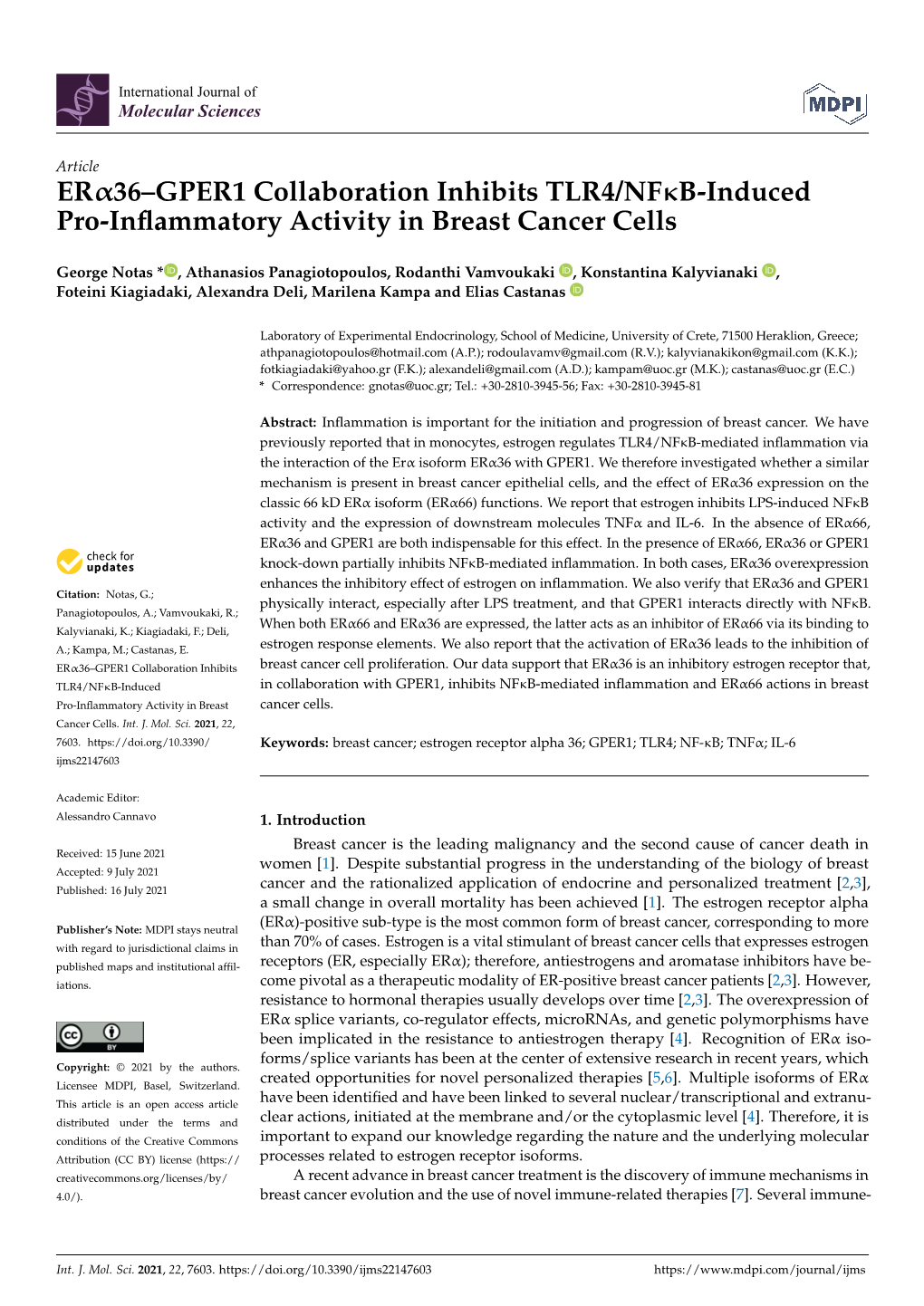 ER36–GPER1 Collaboration Inhibits TLR4/NFB-Induced Pro