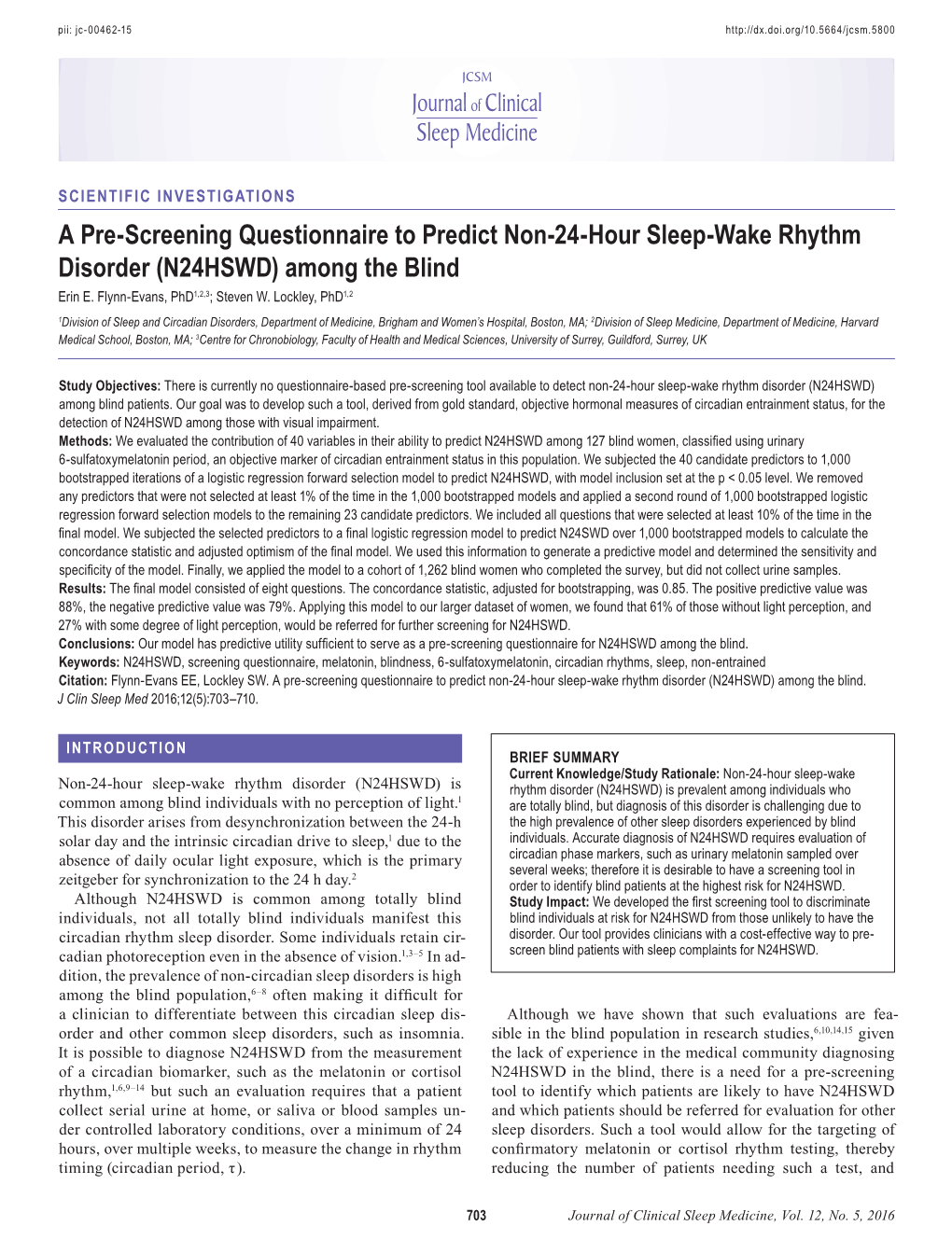 A Pre-Screening Questionnaire to Predict Non-24-Hour Sleep-Wake Rhythm Disorder (N24HSWD) Among the Blind Erin E