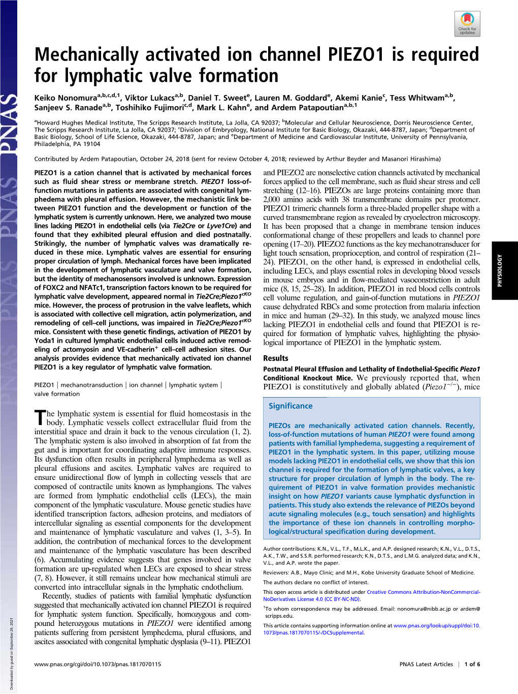 Mechanically Activated Ion Channel PIEZO1 Is Required for Lymphatic Valve Formation