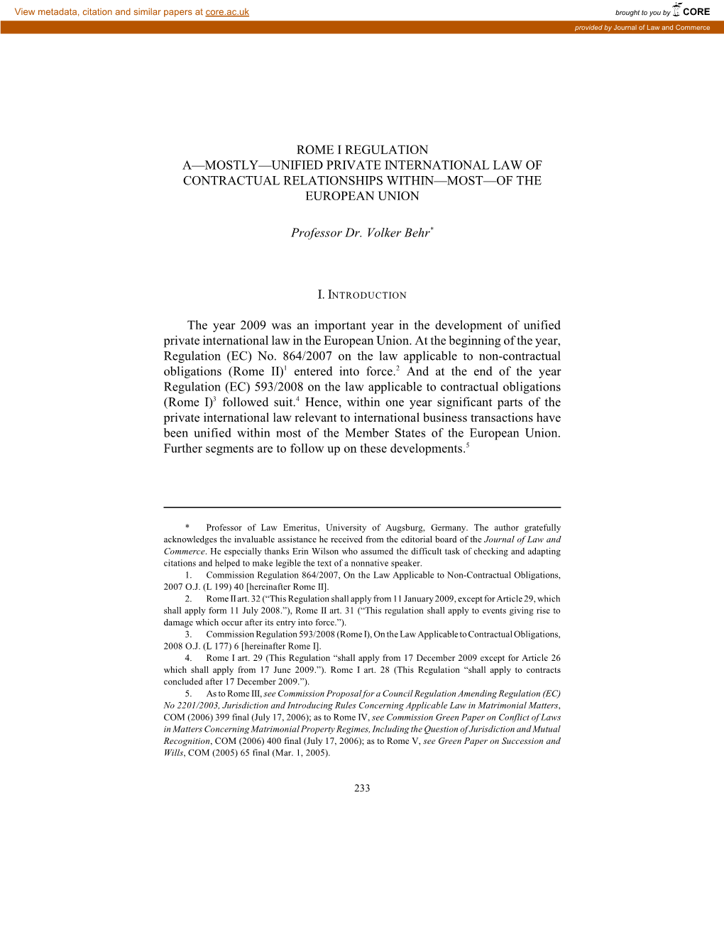 Rome I Regulation A—Mostly—Unified Private International Law of Contractual Relationships Within—Most—Of the European Union