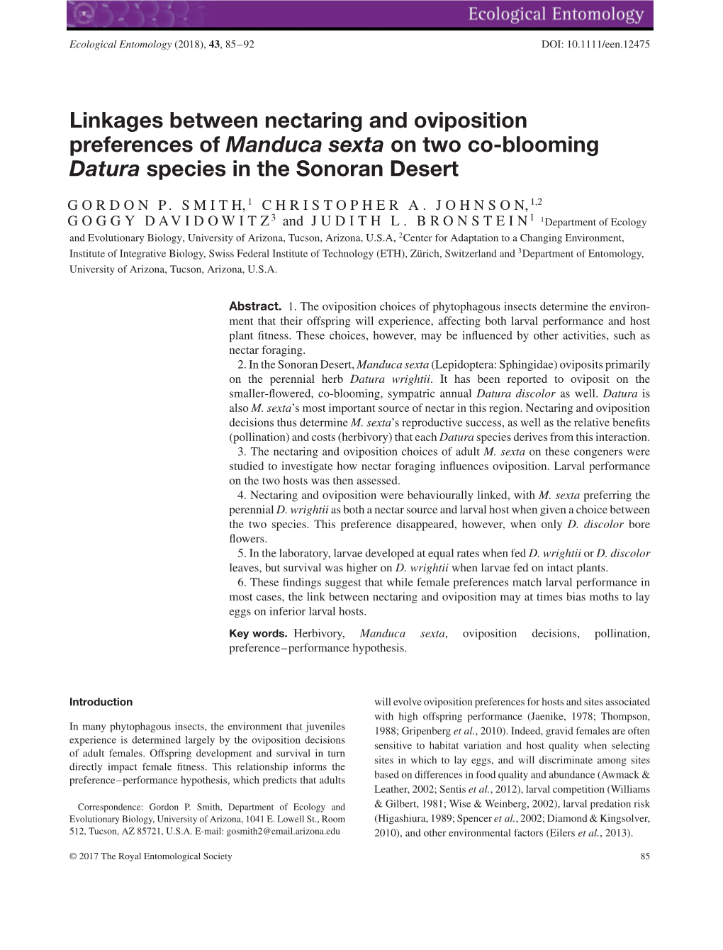 Linkages Between Nectaring and Oviposition Preferences of Manduca Sexta on Two Co-Blooming Datura Species in the Sonoran Desert