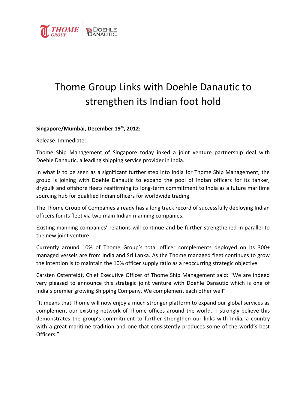 Thome Group Links with Doehle Danautic to Strengthen Its Indian Foot Hold