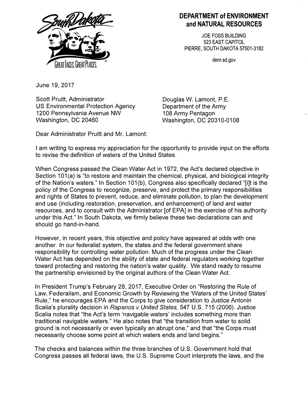 Letter from the South Dakota Department of Environment And