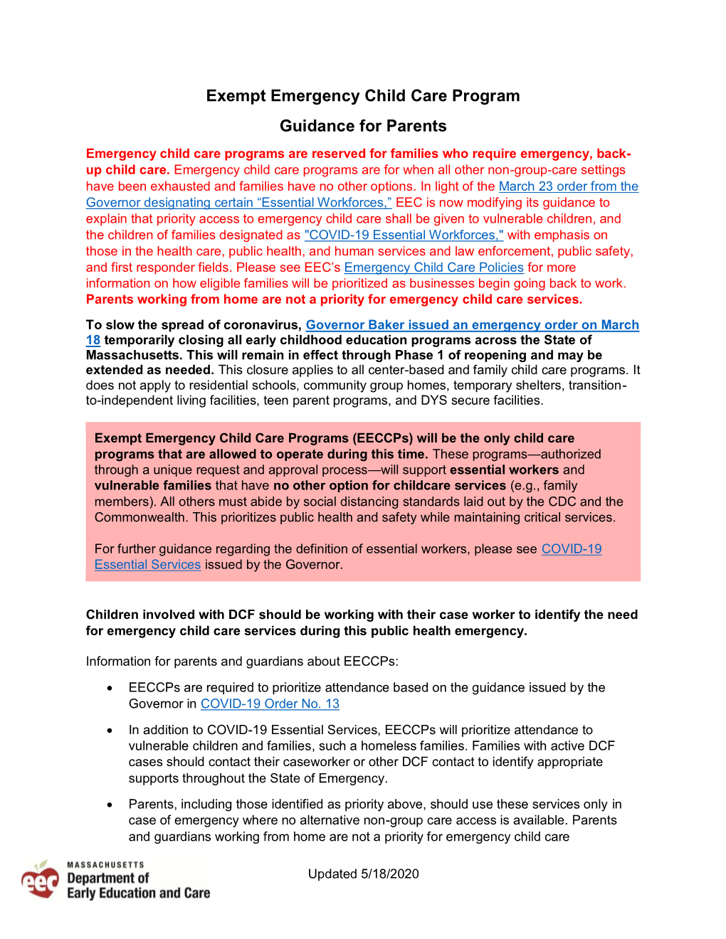 Exempt Emergency Child Care Program Guidance for Parents Emergency Child Care Programs Are Reserved for Families Who Require Emergency, Back- up Child Care