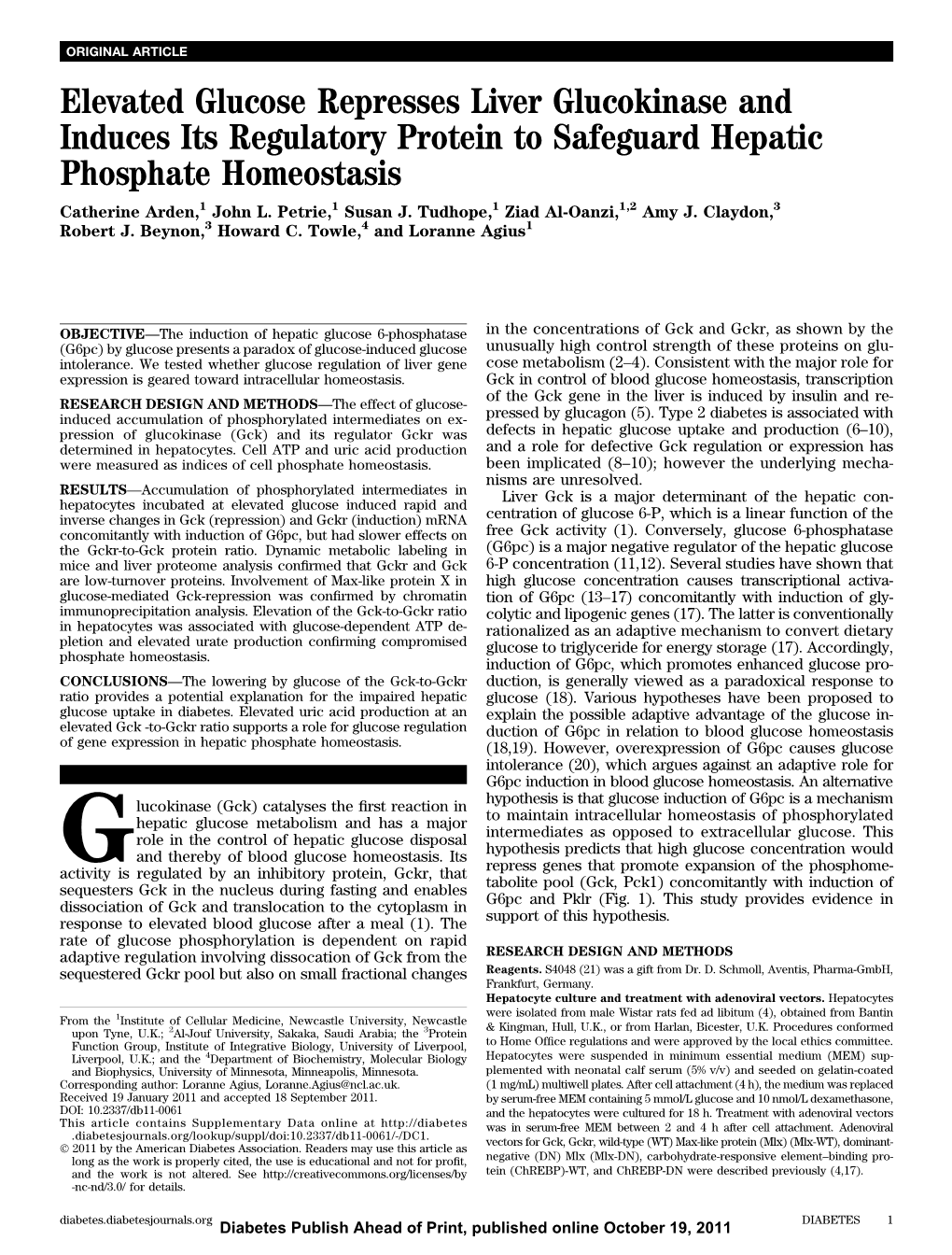 Elevated Glucose Represses Liver Glucokinase and Induces Its Regulatory Protein to Safeguard Hepatic Phosphate Homeostasis Catherine Arden,1 John L