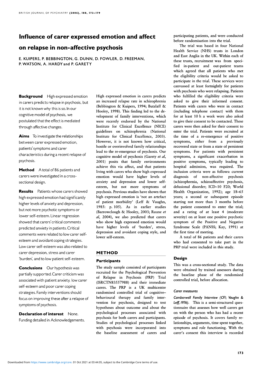 Influence of Carer Expressed Emotion and Affect on Relapse in Non