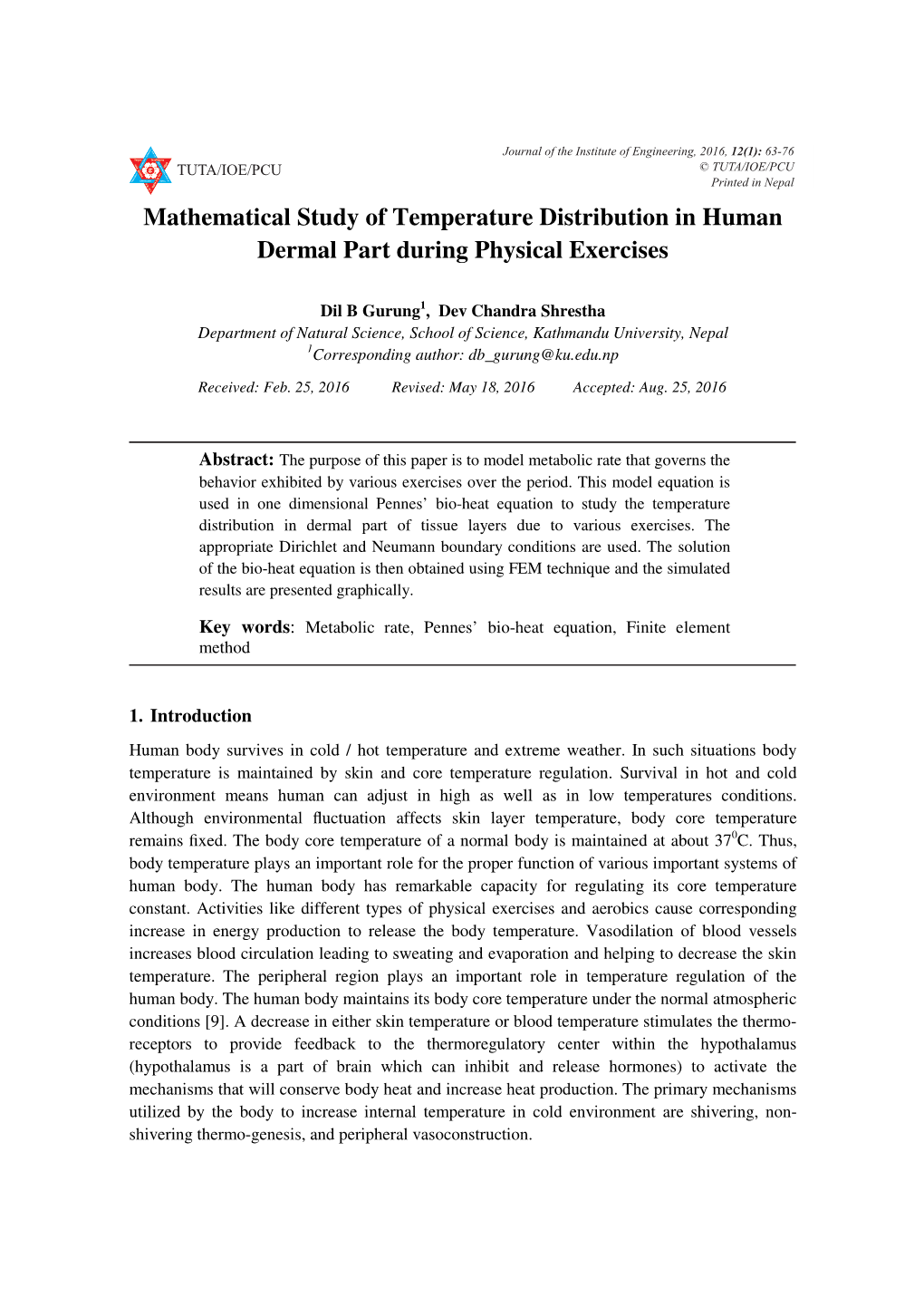 Mathematical Study of Temperature Distribution in Human Dermal Part During Physical Exercises