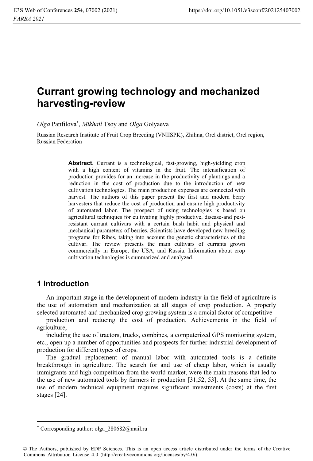 Currant Growing Technology and Mechanized Harvesting-Review