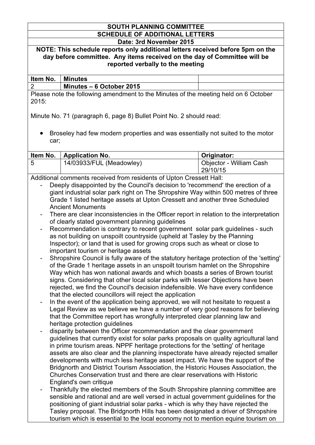 South Planning Committee Schedule