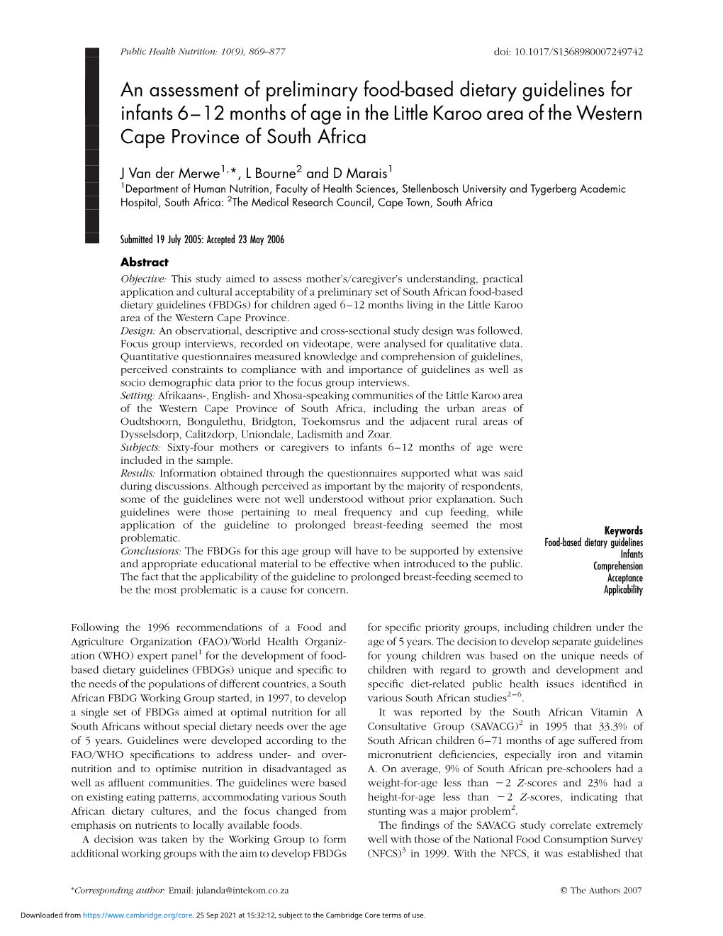 An Assessment of Preliminary Food-Based Dietary Guidelines for Infants 6–12 Months of Age in the Little Karoo Area of the Western Cape Province of South Africa