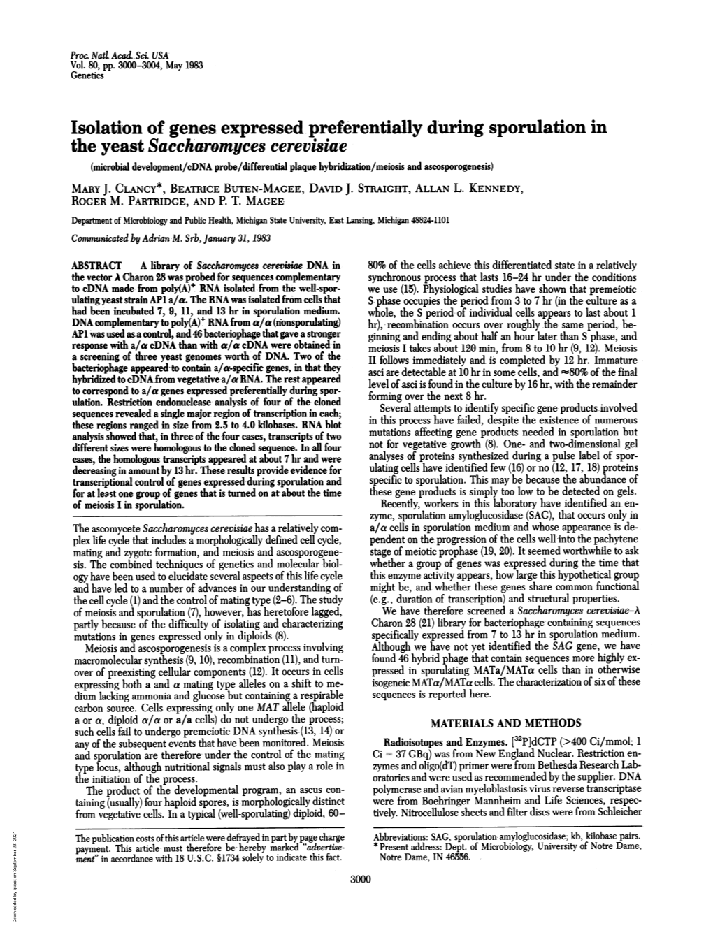 The Yeast Saccharomyces Cerevisiae (Microbial Development/Cdna Probe/Differential Plaque Hybridization/Meiosis and Ascosporogenesis) MARY J