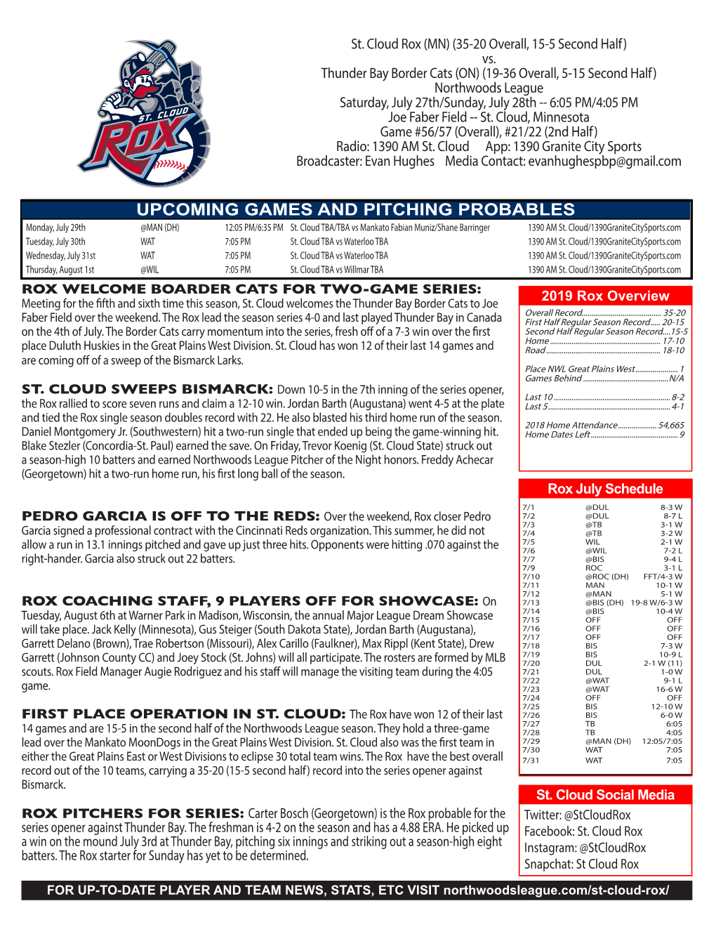 UPCOMING GAMES and PITCHING PROBABLES Monday, July 29Th @MAN (DH) 12:05 PM/6:35 PM St