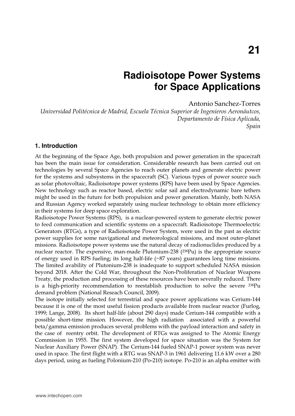 Radioisotope Power Systems for Space Applications