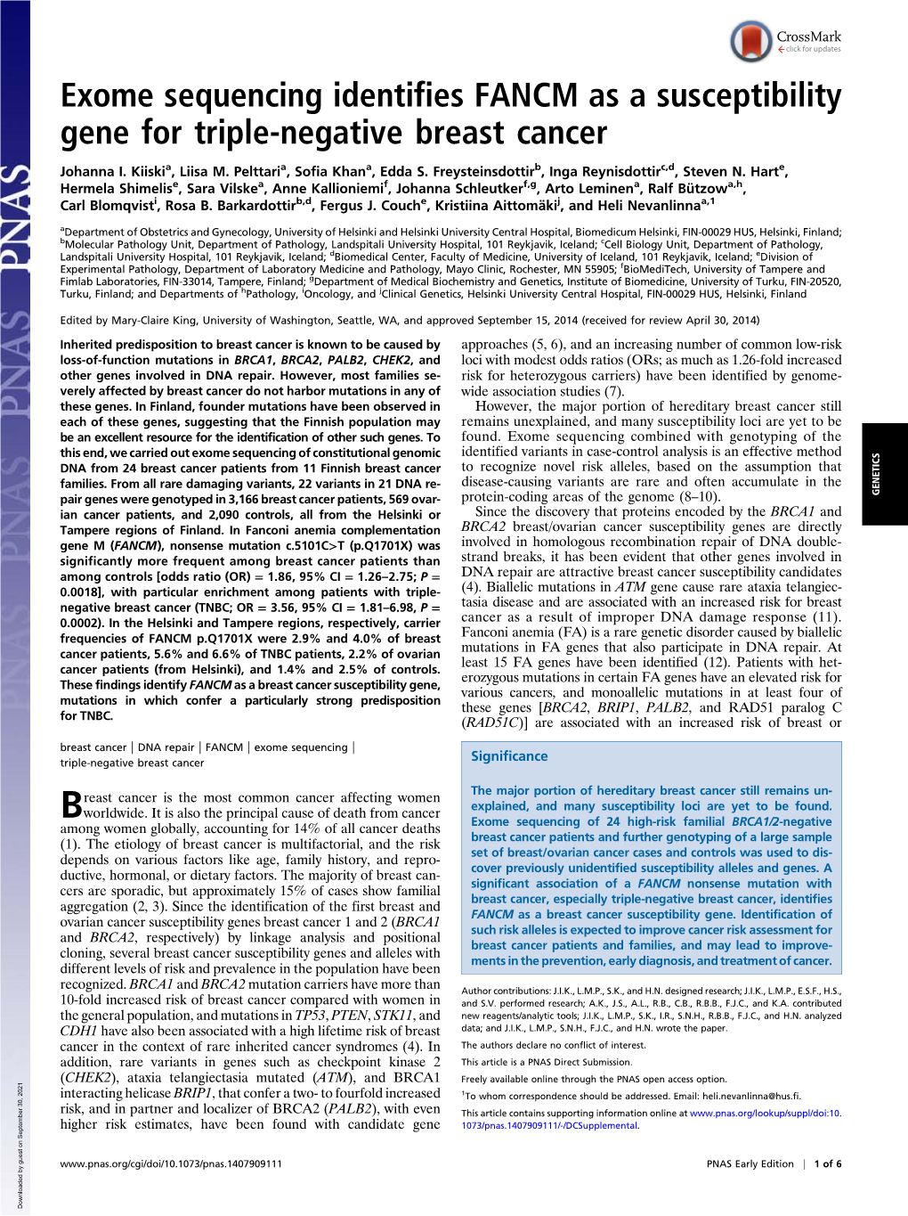 Exome Sequencing Identifies FANCM As a Susceptibility Gene for Triple-Negative Breast Cancer