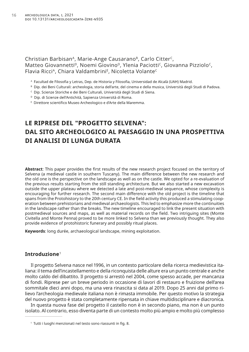 "Progetto Selvena": Dal Sito Archeologico Al Paesaggio in Una Prospettiva Di Analisi Di Lunga Durata