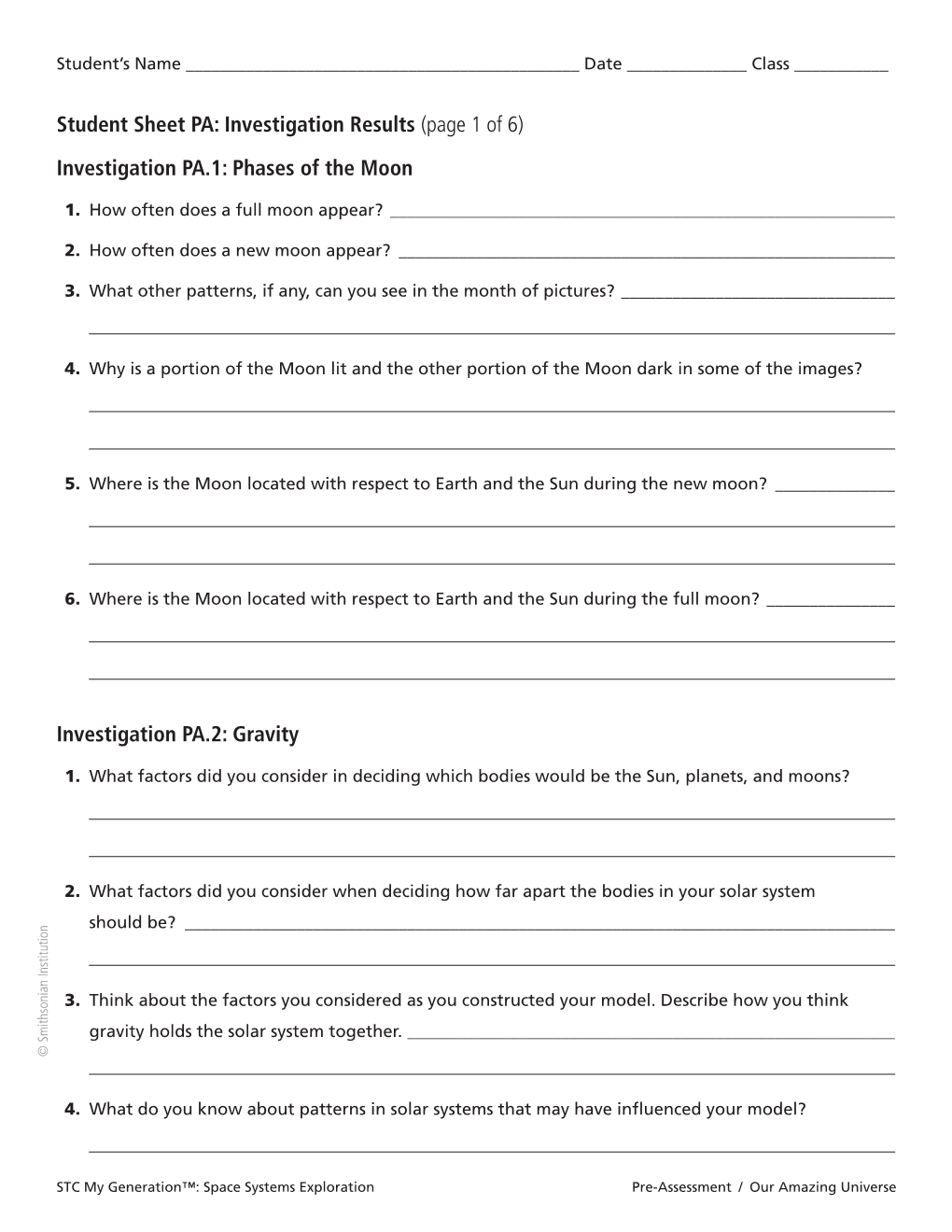 Student Sheet PA: Investigation Results (Page 1 of 6)