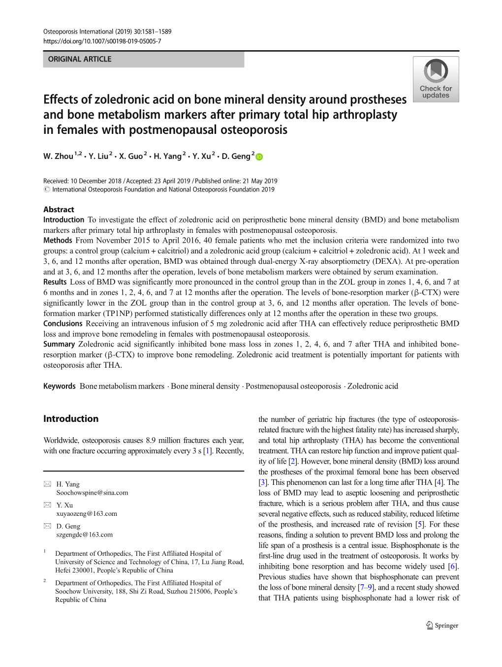 Effects of Zoledronic Acid on Bone Mineral Density Around