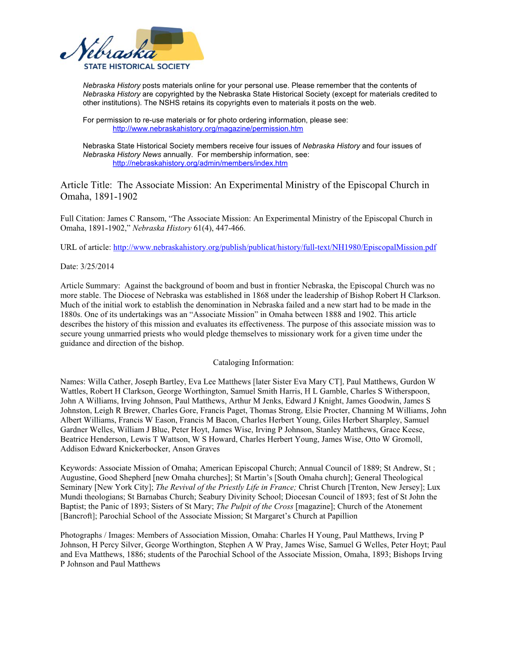 Article Title: the Associate Mission: an Experimental Ministry of the Episcopal Church in Omaha, 1891-1902