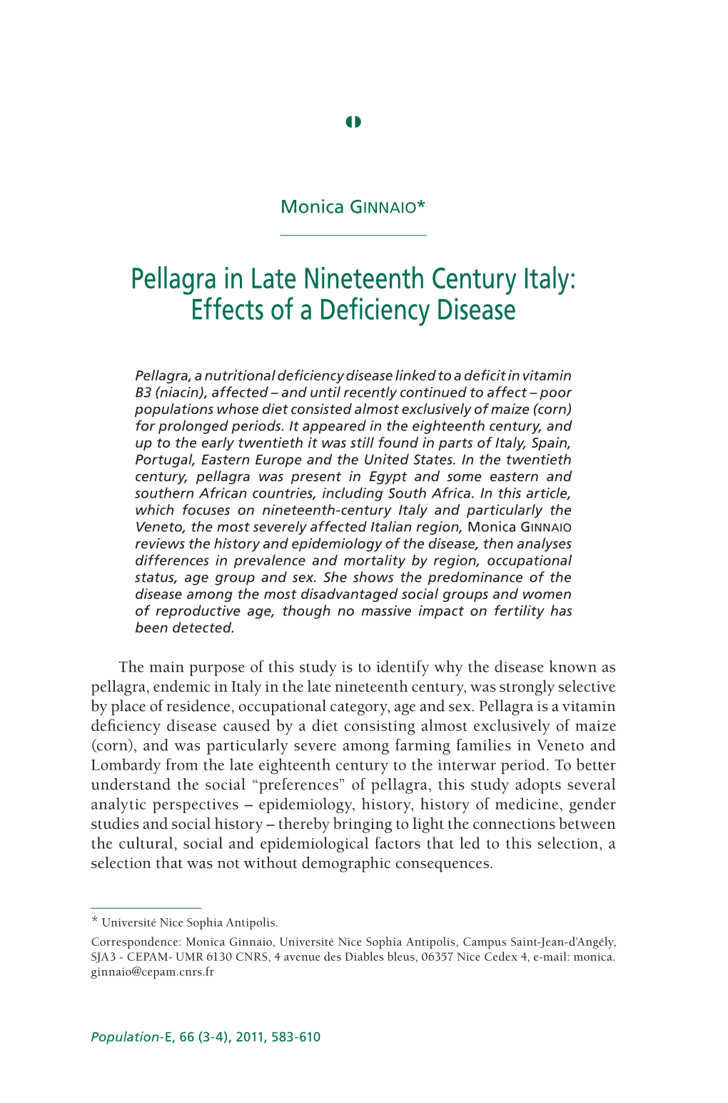 Pellagra in Late Nineteenth Century Italy: Effects of a Deficiency Disease