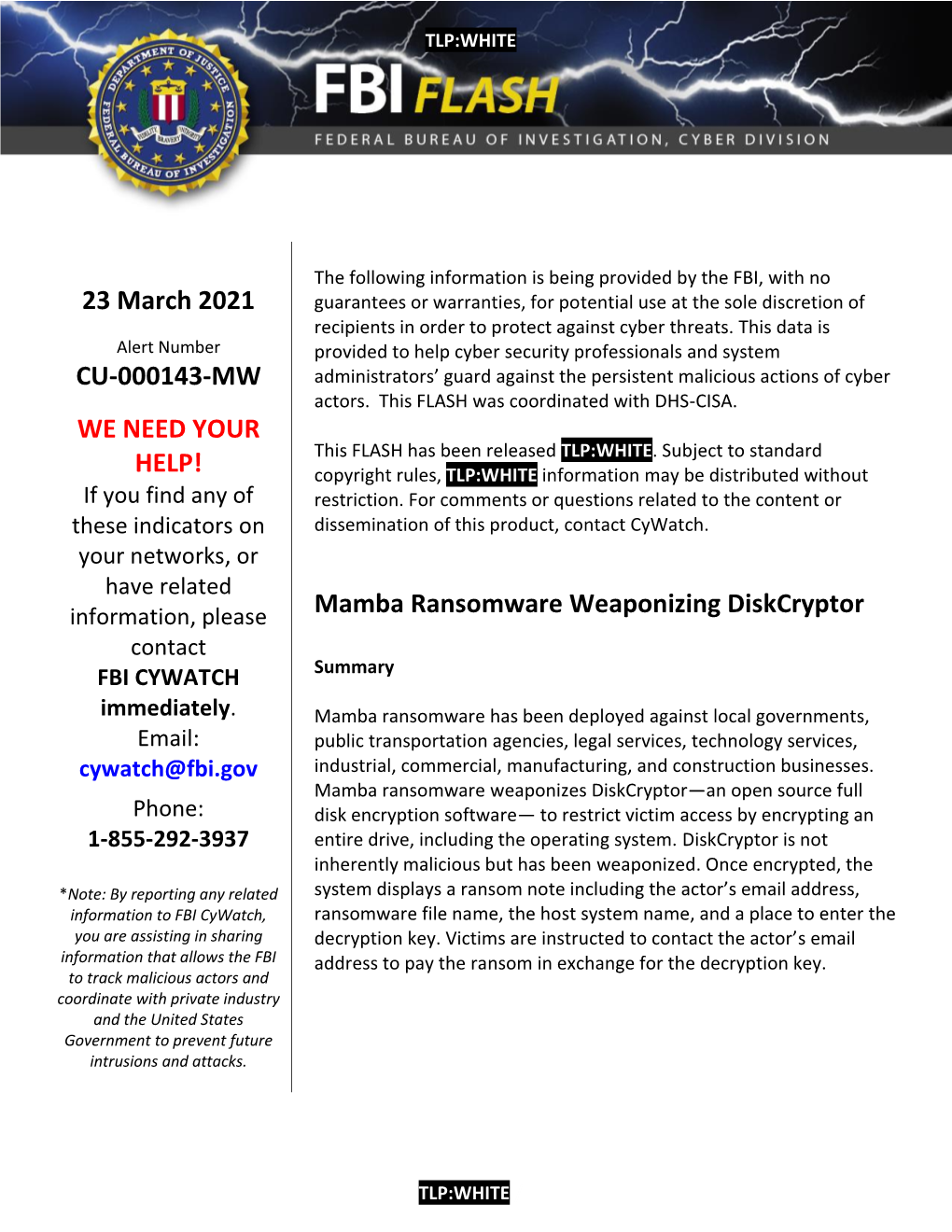 Mamba Ransomware Weaponizing Diskcryptor Contact FBI CYWATCH Summary