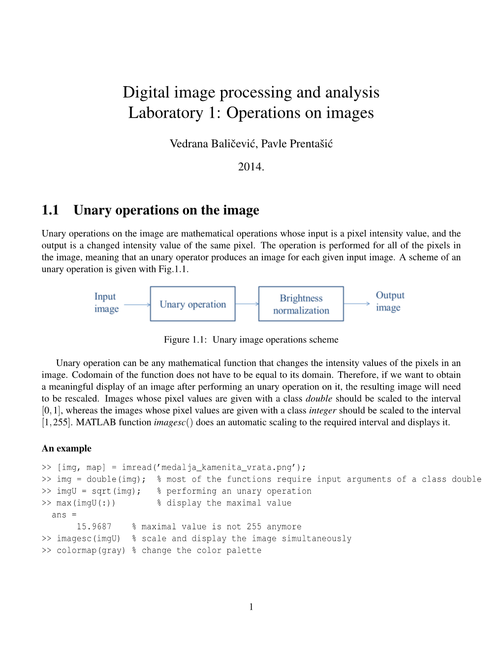 Digital Image Processing and Analysis Laboratory 1: Operations on Images