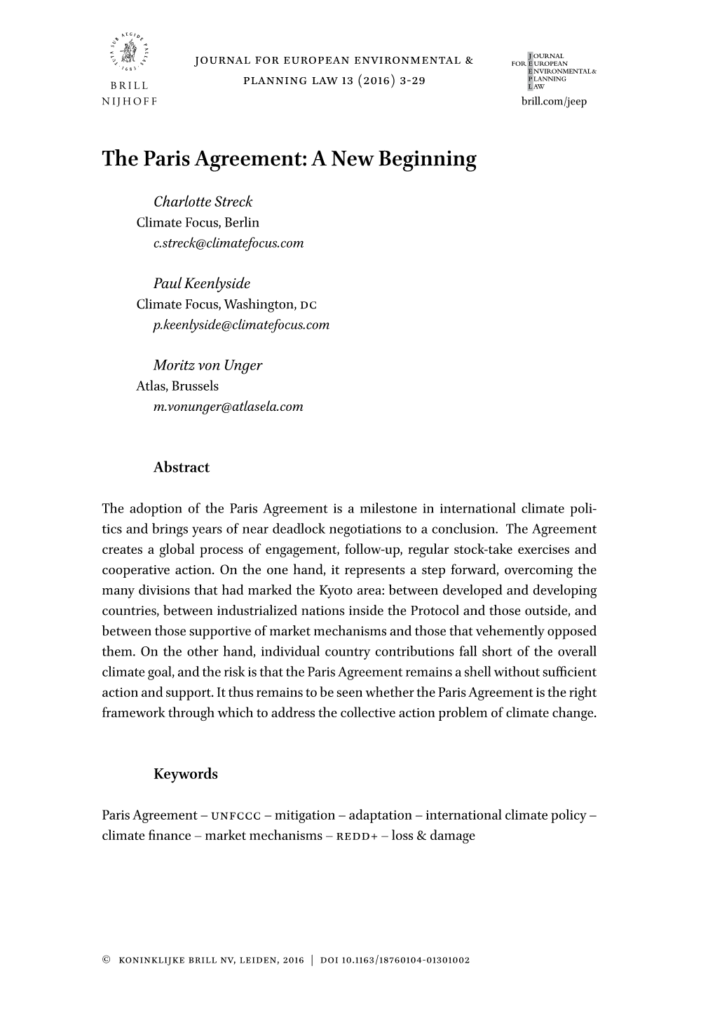 The Paris Agreement: a New Beginning