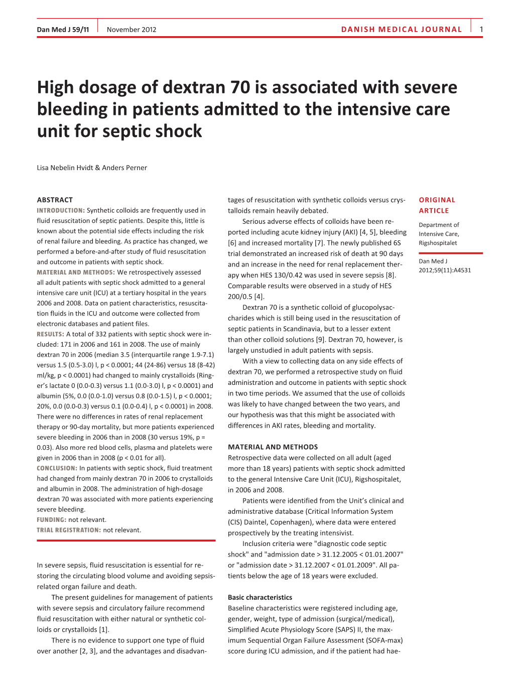 High Dosage of Dextran 70 Is Associated with Severe Bleeding in Patients Admitted to the Intensive Care Unit for Septic Shock