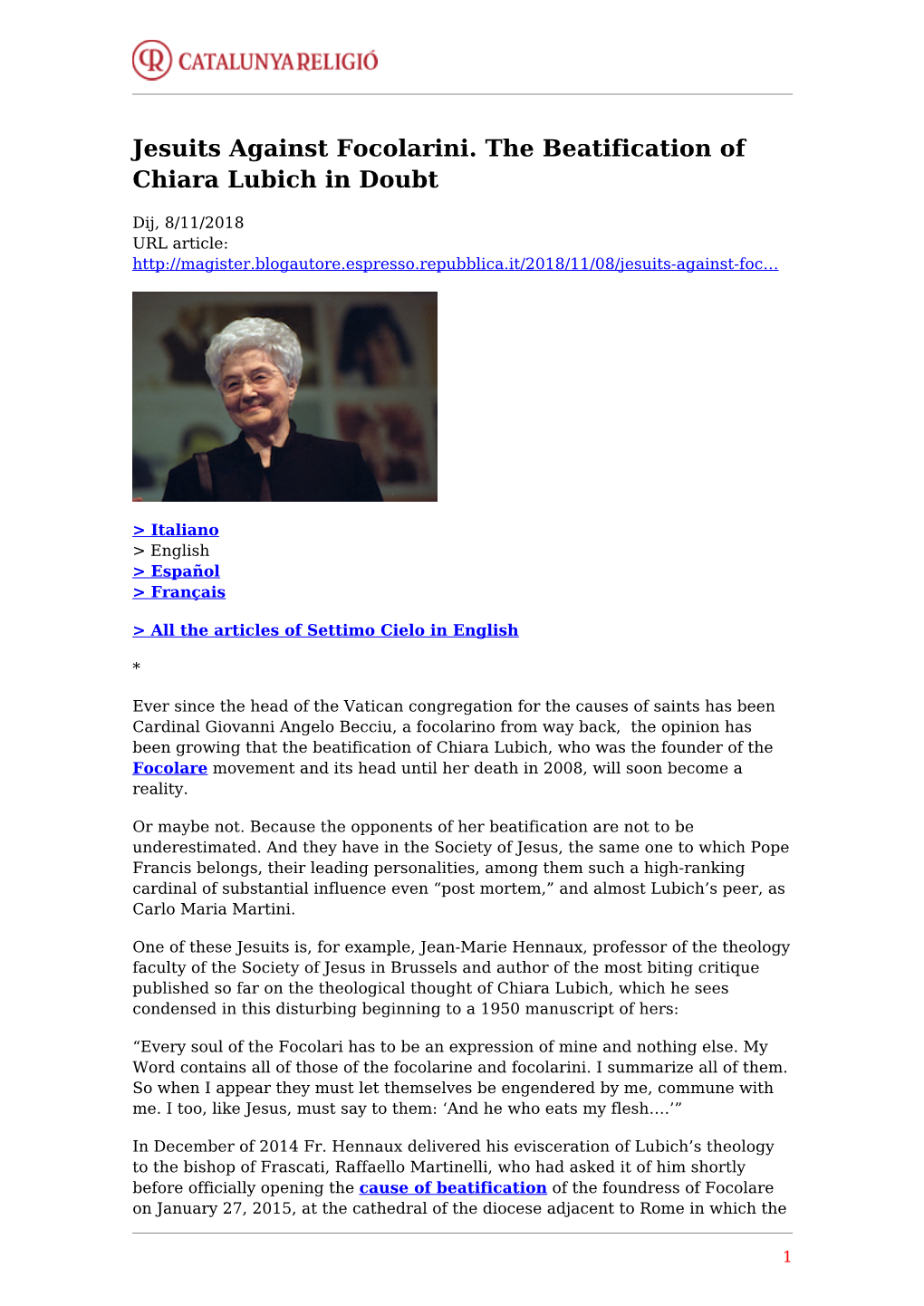 Jesuits Against Focolarini. the Beatification of Chiara Lubich in Doubt
