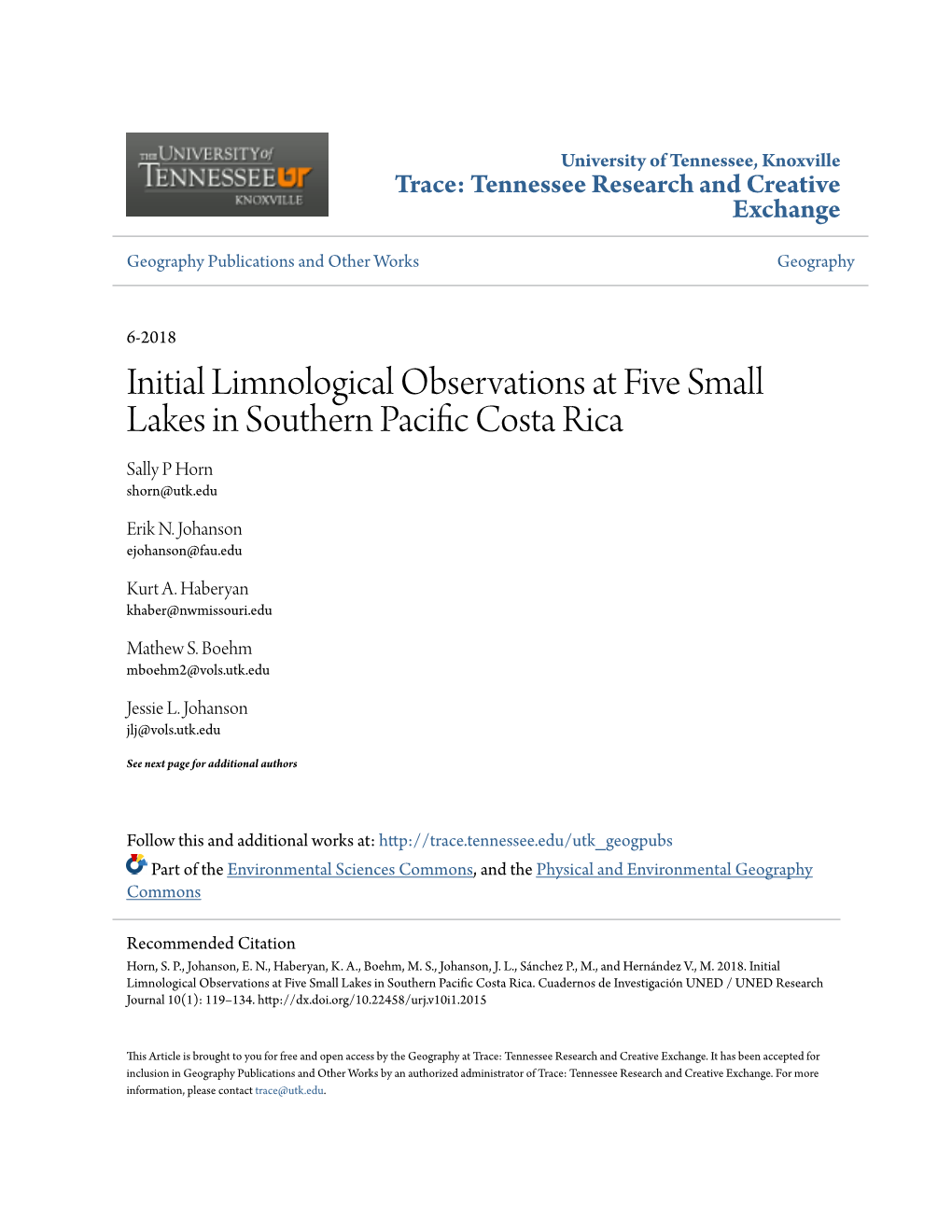 Initial Limnological Observations at Five Small Lakes in Southern Pacific Oc Sta Rica Sally P Horn Shorn@Utk.Edu