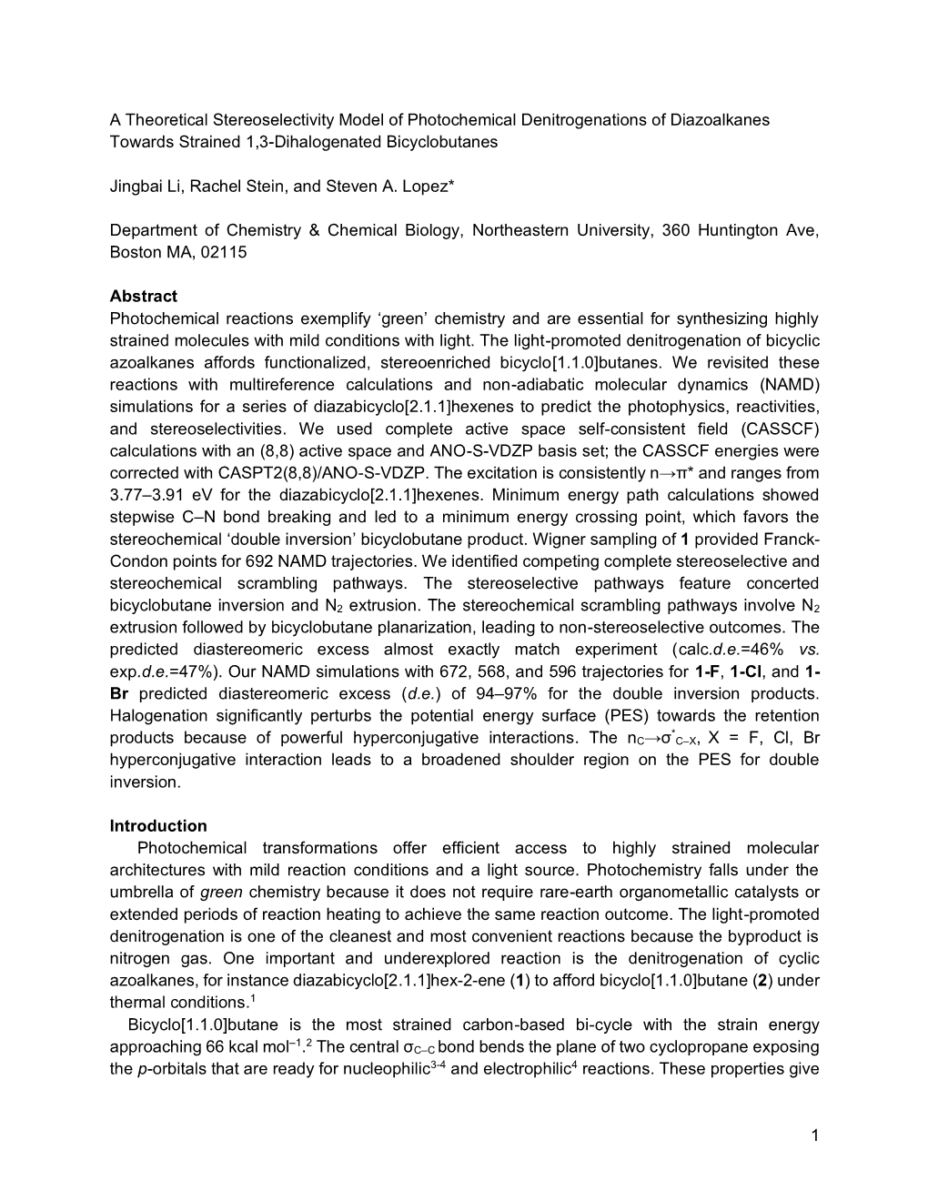 1 a Theoretical Stereoselectivity Model of Photochemical