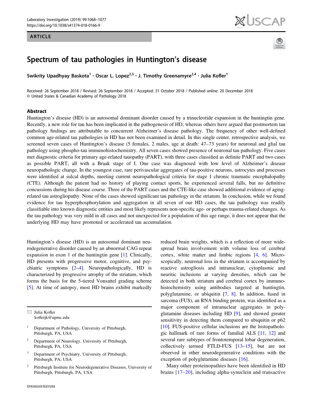 Spectrum of Tau Pathologies in Huntingtonâ€™S Disease