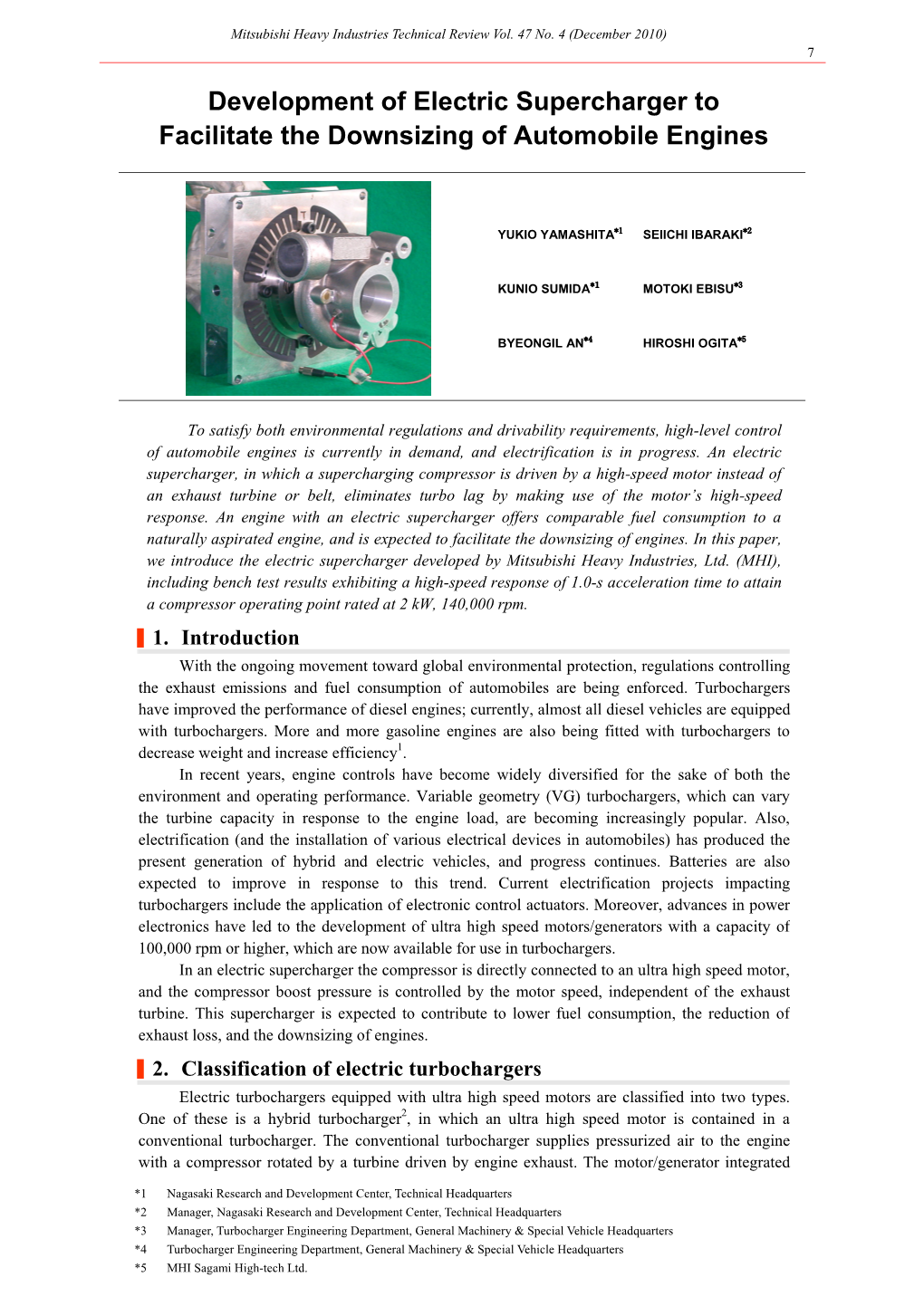 Development of Electric Supercharger to Facilitate the Downsizing of Automobile Engines