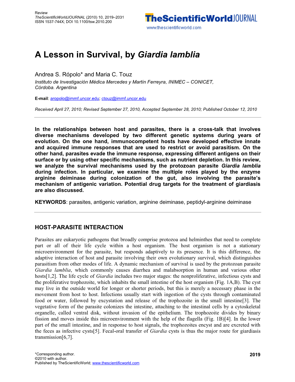 A Lesson in Survival, by Giardia Lamblia