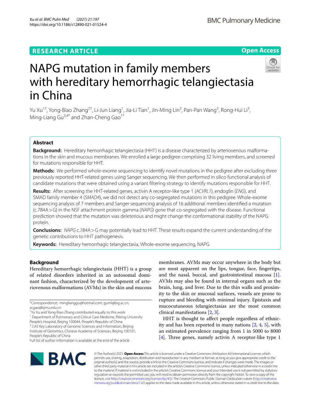 NAPG Mutation in Family Members with Hereditary Hemorrhagic Telangiectasia in China