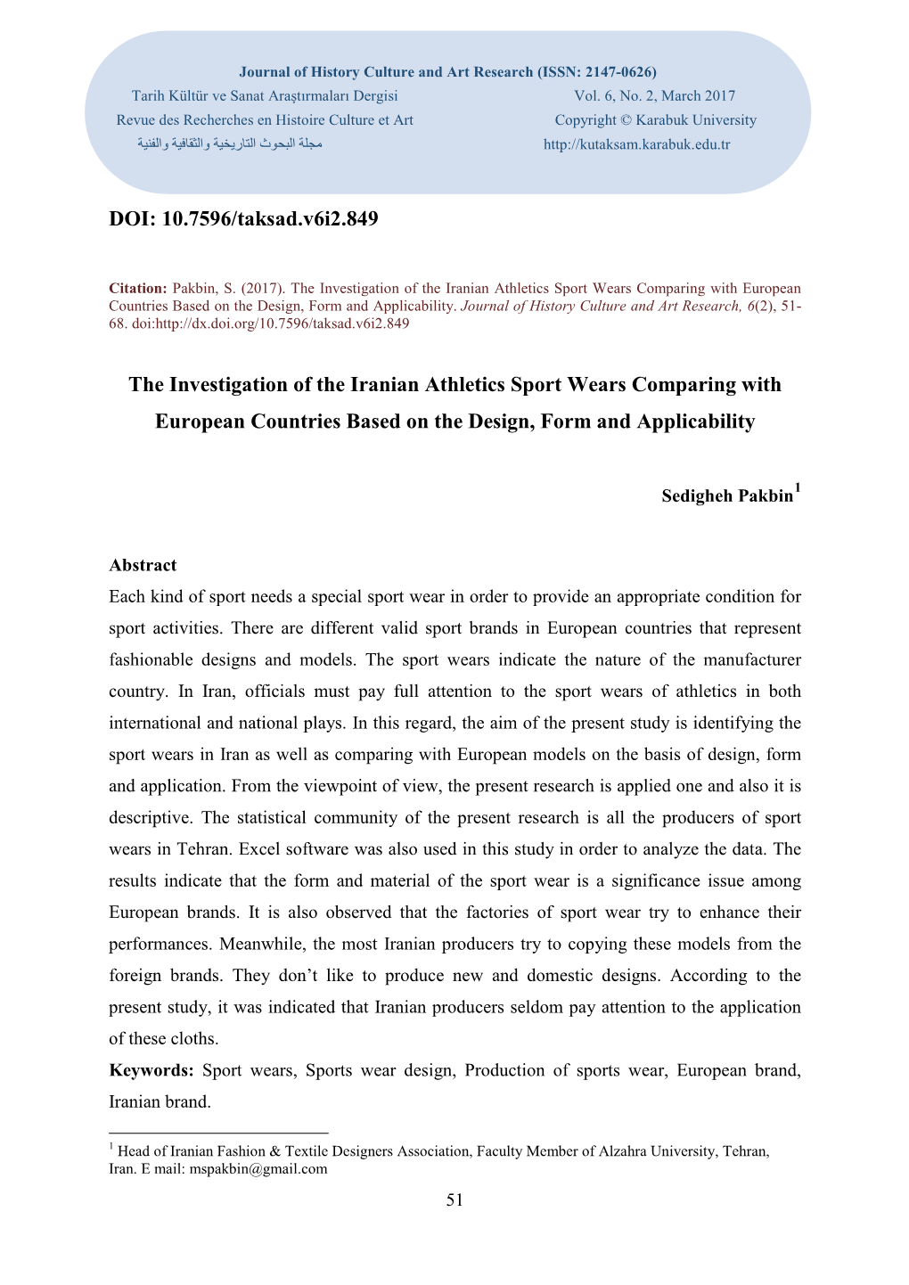 DOI: 10.7596/Taksad.V6i2.849 the Investigation of the Iranian Athletics