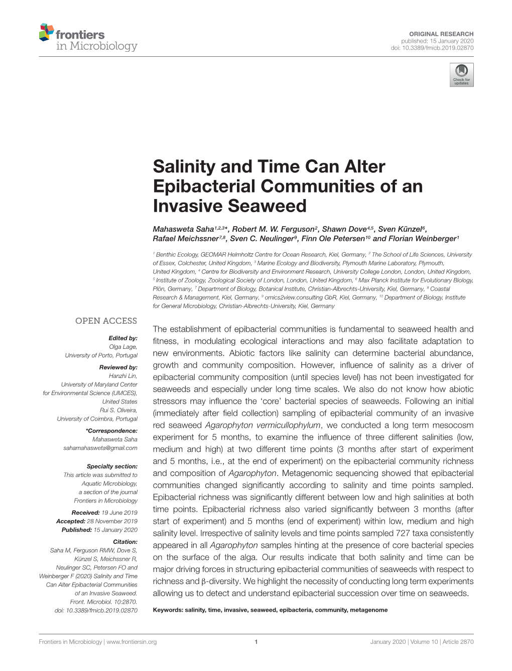 Salinity and Time Can Alter Epibacterial Communities of an Invasive Seaweed