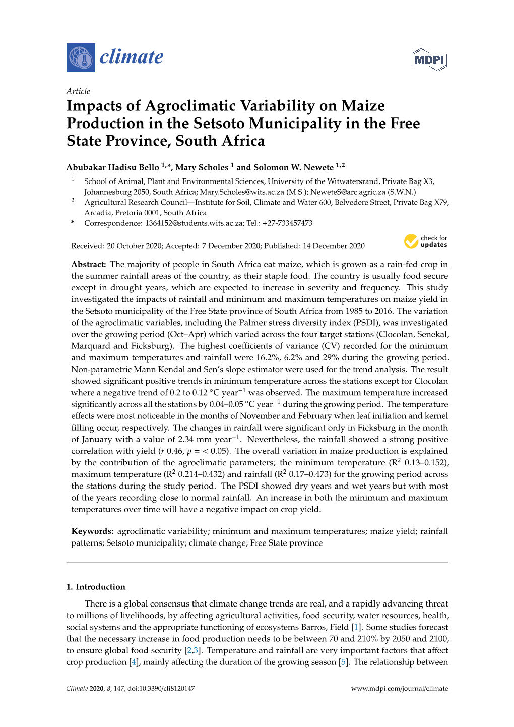 Impacts of Agroclimatic Variability on Maize Production in the Setsoto Municipality in the Free State Province, South Africa