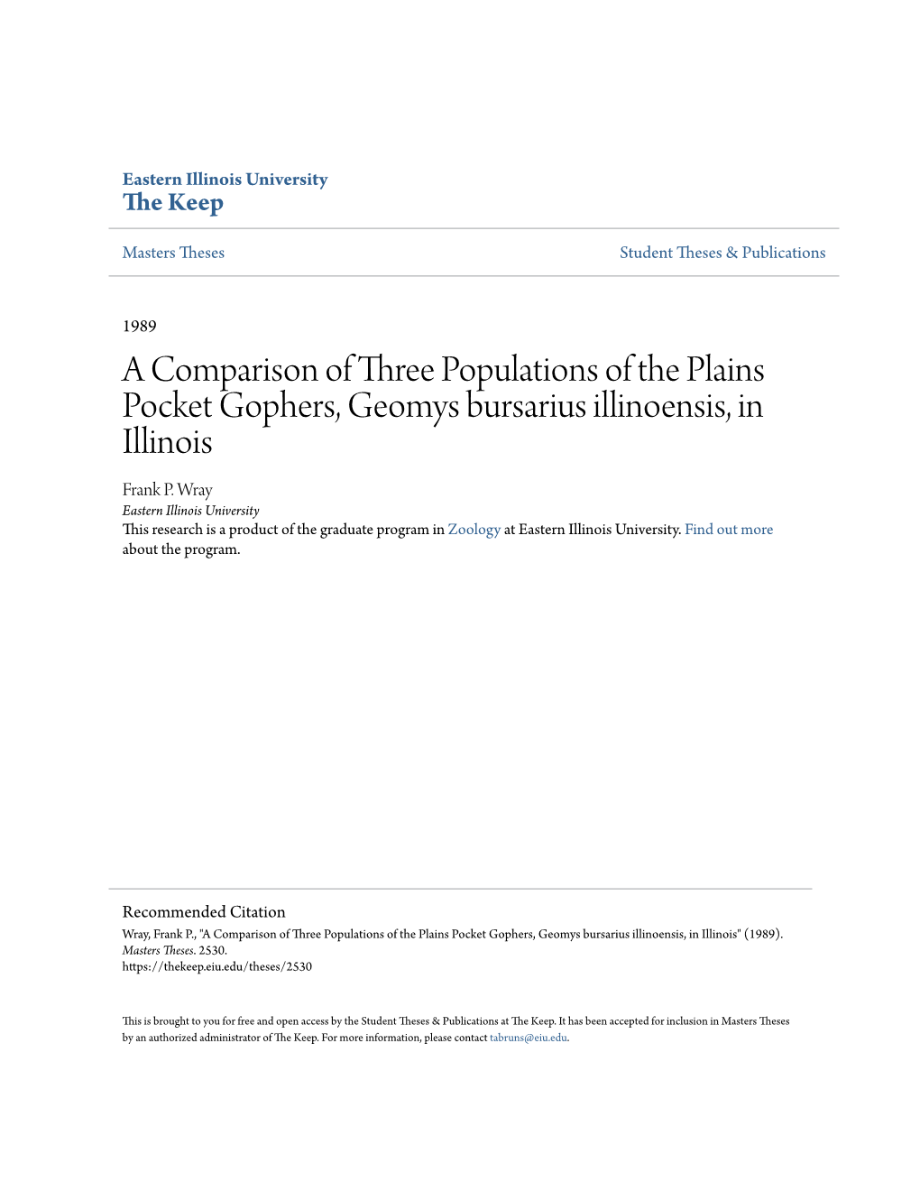 A Comparison of Three Populations of the Plains Pocket Gophers, Geomys Bursarius Illinoensis, in Illinois Frank P