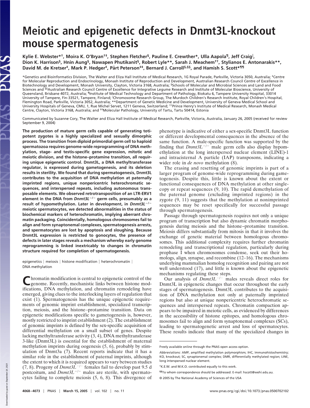 Meiotic and Epigenetic Defects in Dnmt3l-Knockout Mouse Spermatogenesis