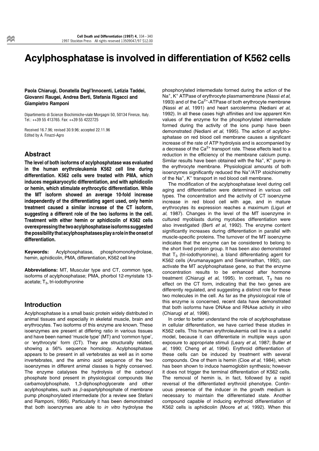 Acylphosphatase Is Involved in Differentiation of K562 Cells