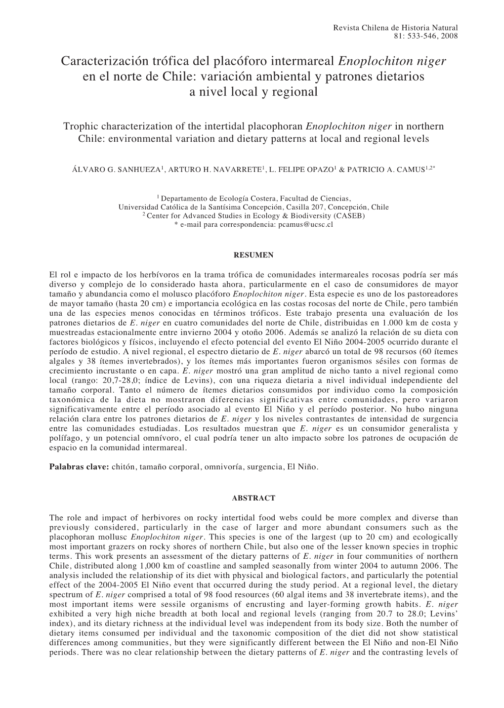 Caracterización Trófica Del Placóforo Intermareal Enoplochiton Niger En El Norte De Chile: Variación Ambiental Y Patrones Dietarios a Nivel Local Y Regional