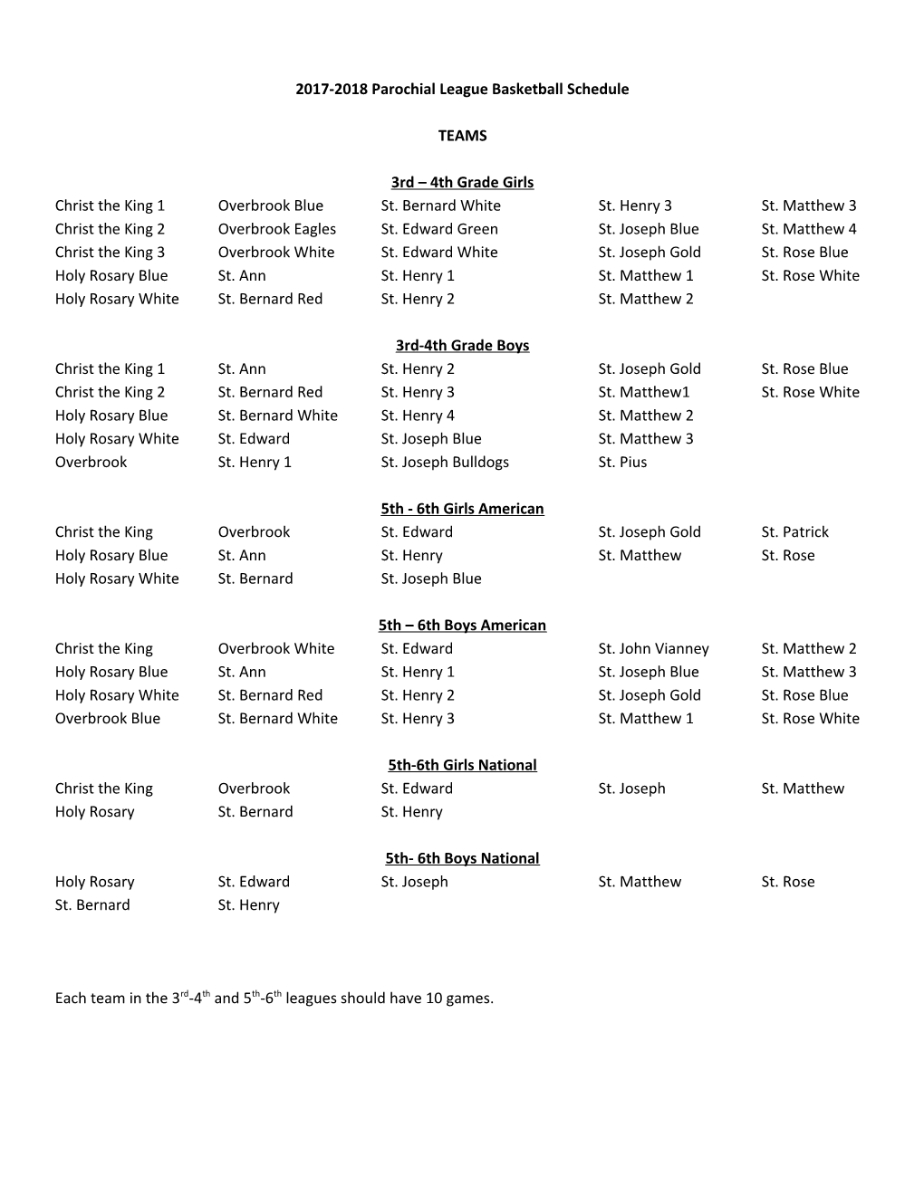 2017-2018 Parochial League Basketball Schedule