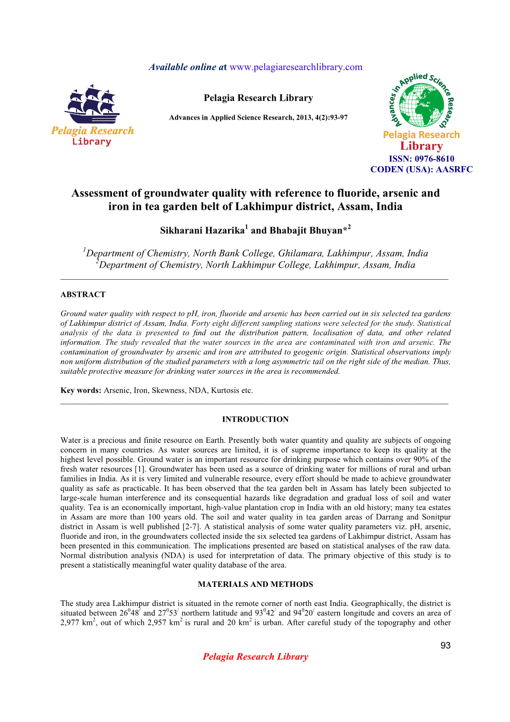 Assessment of Groundwater Quality with Reference to Fluoride, Arsenic and Iron in Tea Garden Belt of Lakhimpur District, Assam, India