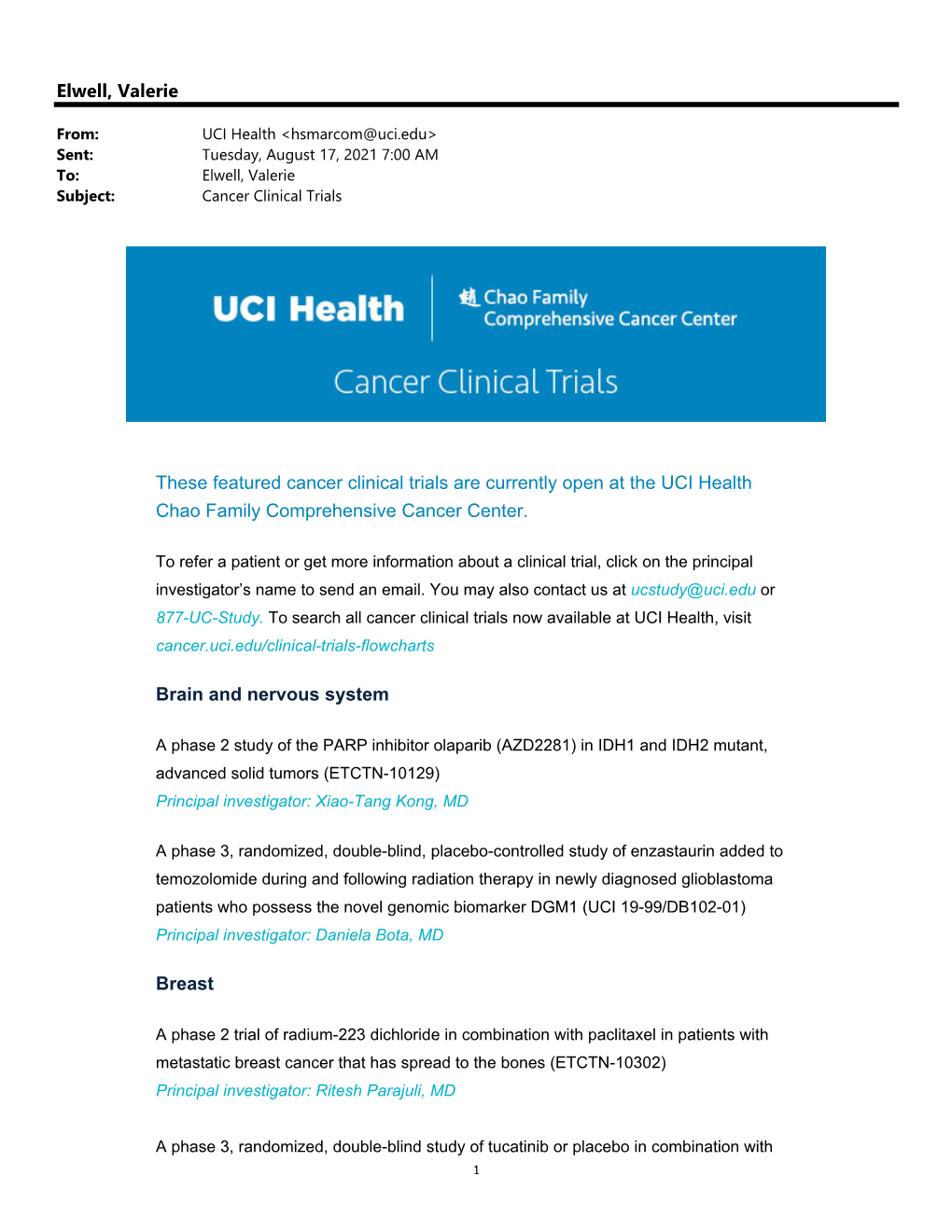 Elwell, Valerie Subject: Cancer Clinical Trials