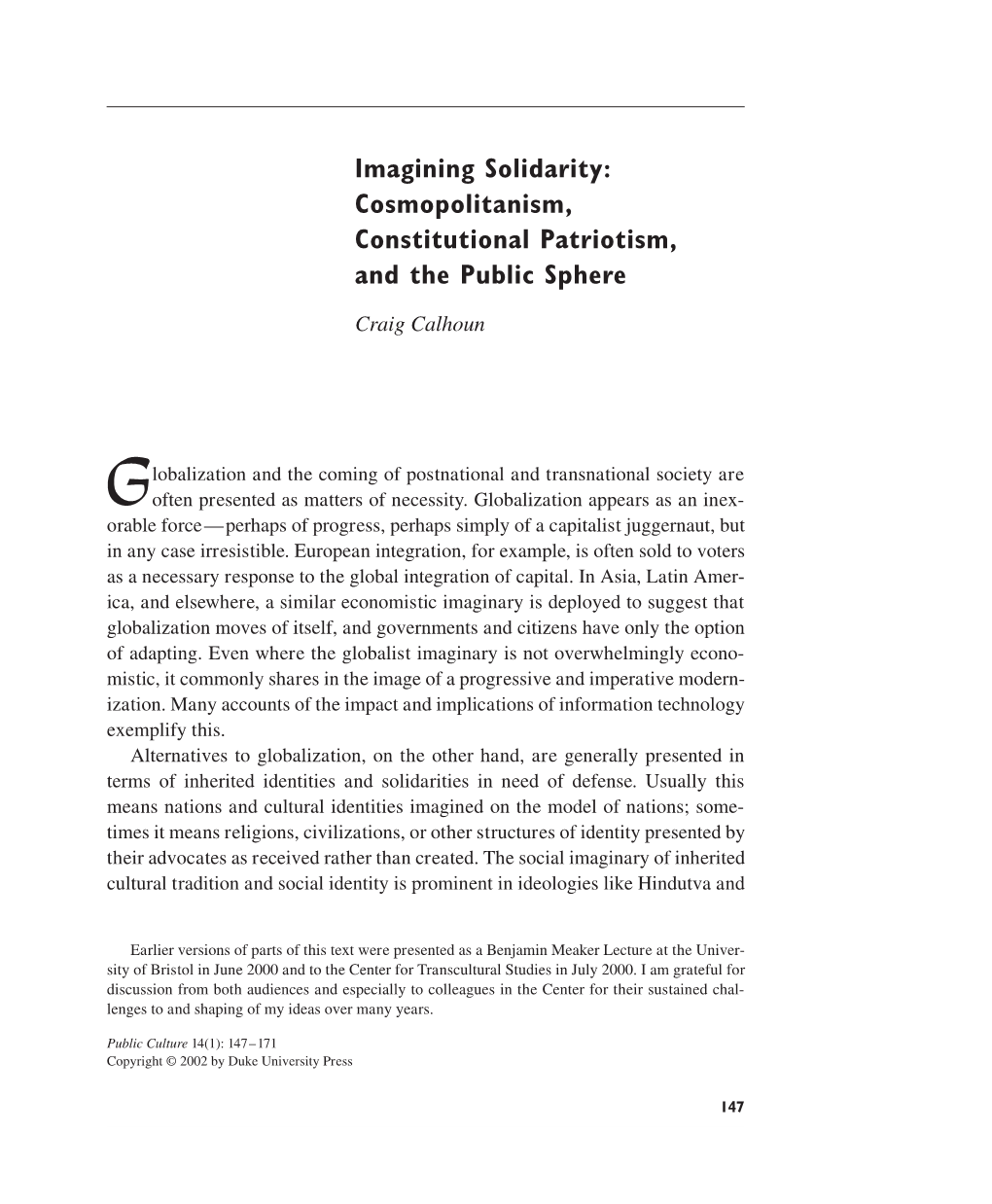 Imagining Solidarity: Cosmopolitanism, Constitutional Patriotism, and the Public Sphere