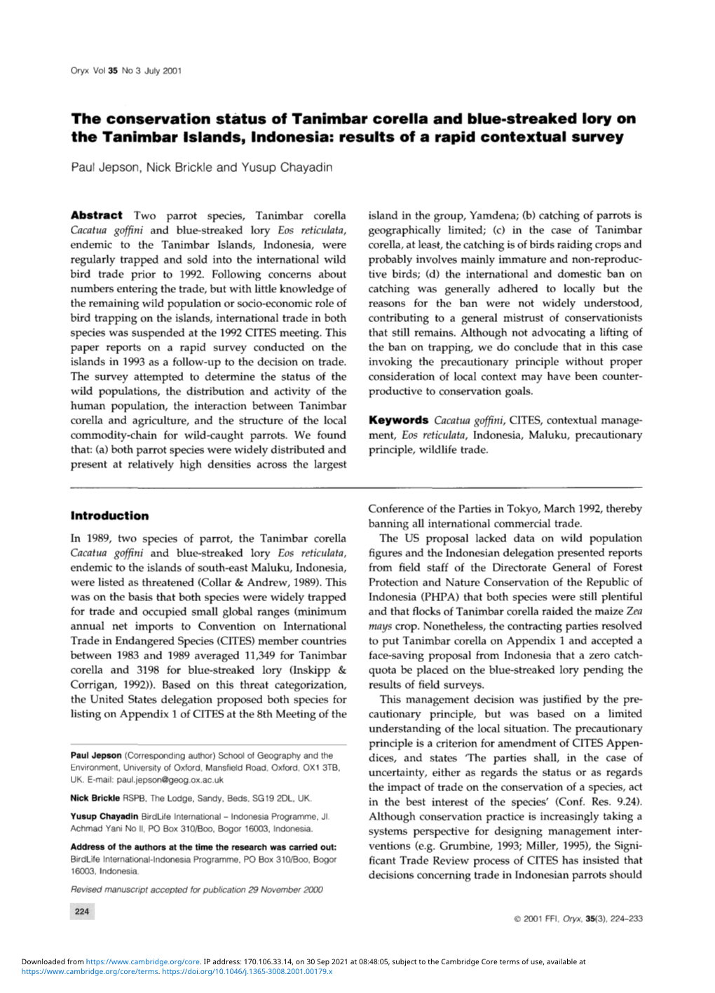 The Conservation Status of Tanimbar Corella and Blue-Streaked Lory on the Tanimbar Islands, Indonesia: Results of a Rapid Contextual Survey