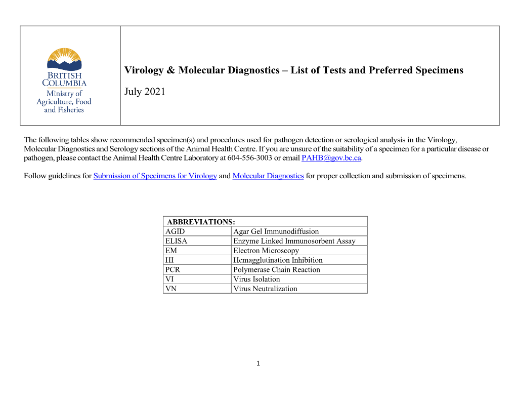 Virology & Molecular Diagnostics – List of Tests and Preferred