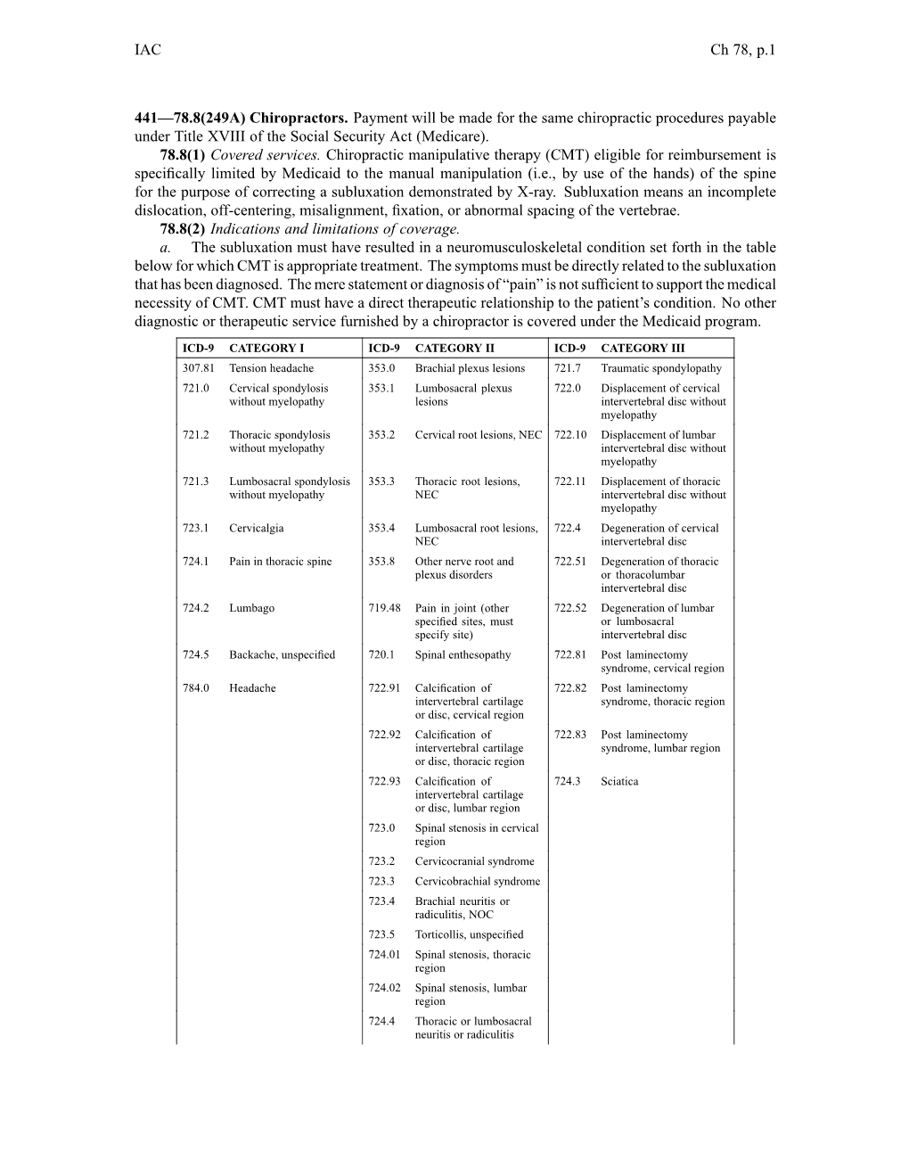 IAC Ch 78, P.1 441—78.8(249A) Chiropractors. Payment Will Be